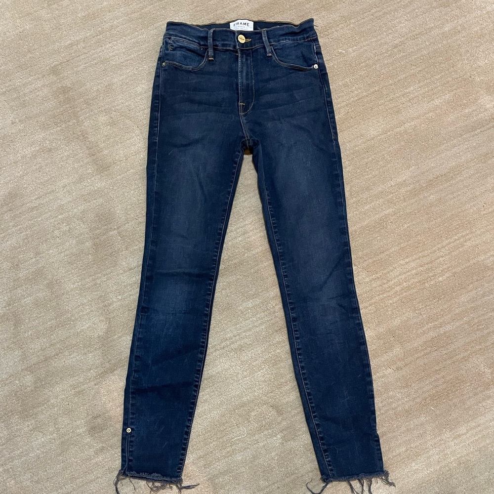 Frame Le High Rise Skinny Jean Raw Hem Blue Dark Wash Denim Womens Size 27
